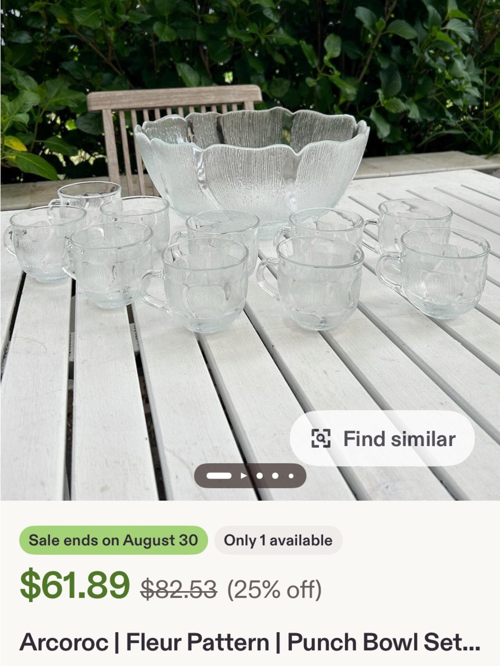 Coro Clear Floral-Textured Glass Punch Bowl with Matching Clear Cups